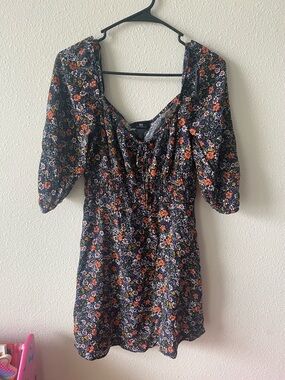 I.N. San Francisco Black Mini Dress with Orange and Cream Floral Print